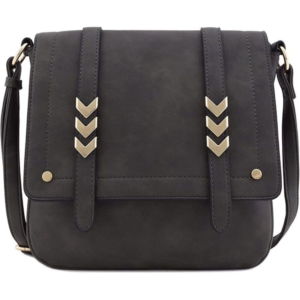 ALYSSA Flapover Crossbody Bag Purse Charcoal Gray Faux Leather Gold Hardware